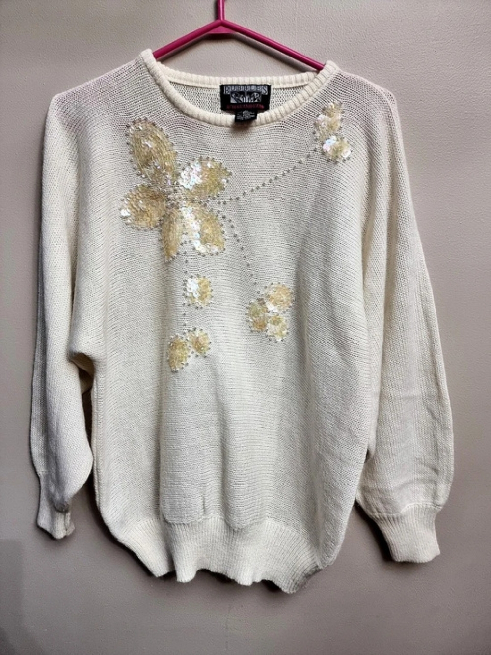 1980s Bubbles International Sequin Floral Crew Neck Sweater in White